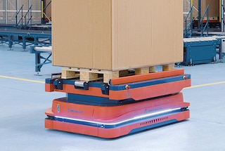 AMR robots transport pallets inside the warehouse