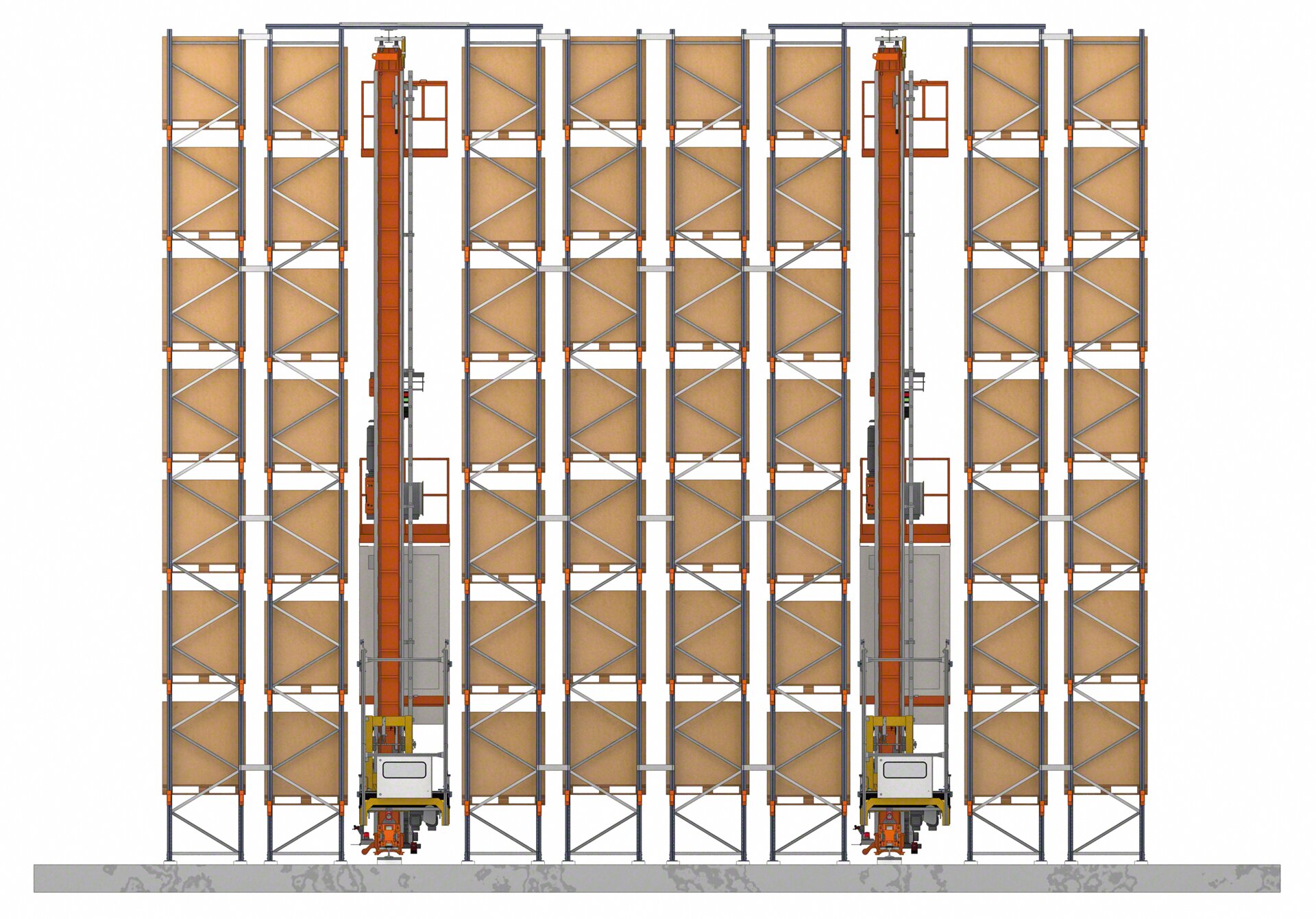 Automatic systems like this stacker cranes use pallet racks