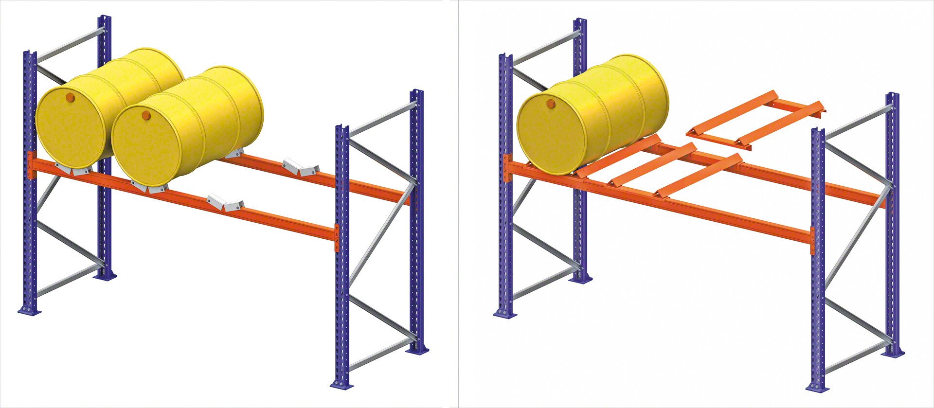 Supports and crossties to store barrels on the racks