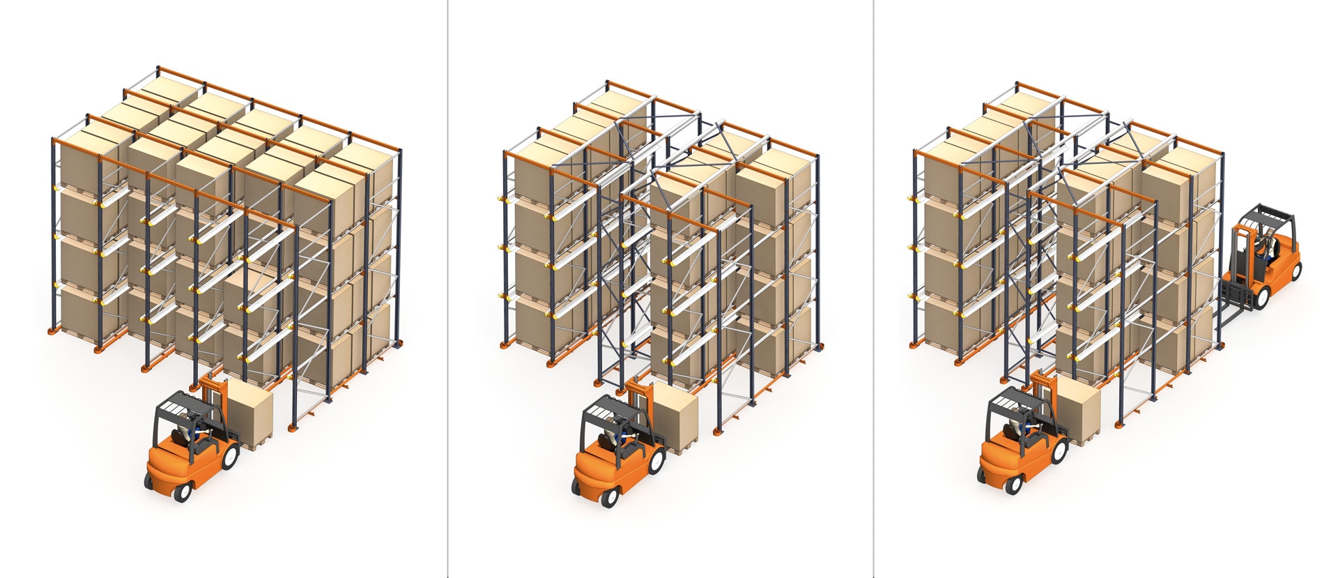Drive-in racks can be either drive-in or drive-through, depending on whether the load can be accessed from one side or both